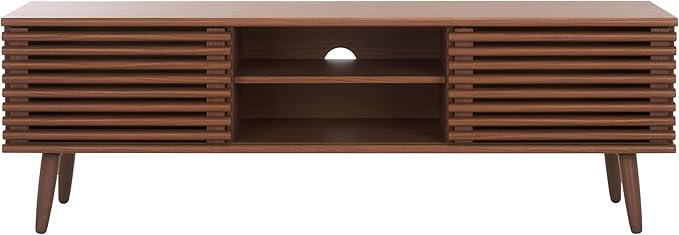 SAFAVIEH Averi TV Stand for up to 65" Flatscreen – Dark Walnut, 2 Sliding Doors with Interior Storage, 2 Open Shelves, Entertainment Media Console (MED9637A)