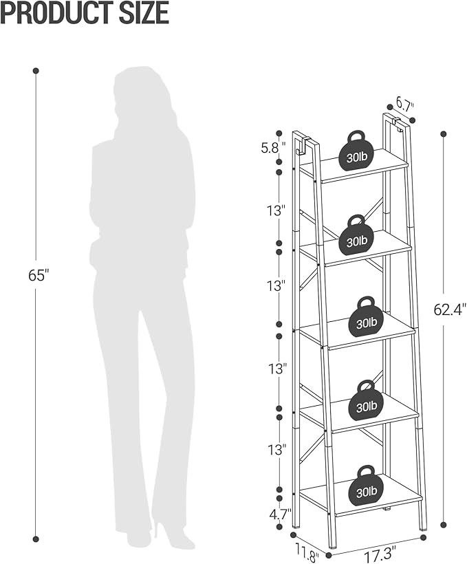 Ladder Shelf, Bookshelf Bookcase, Freestanding Corner Storage Shelve with 2 Hooks for Home Office, Living Room, Kitchen, Bedroom, Industrial, 5-Tier White BC19213W