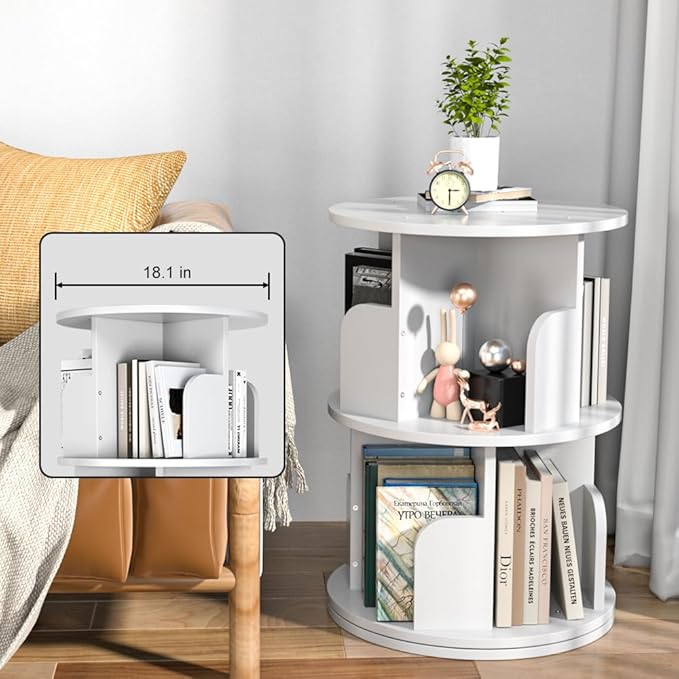 Nidouillet Rotating Bookshelf, Revolving Bookcase 360 Display Round Bookshelf, High-Density MDF Wood Narrow Swivel Corner Book Shelf Standing Bookcase for Adult Bedroom, Living Room (White, 2 Tier)