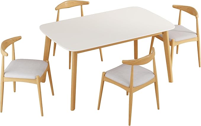 5-Piece Dining Set, Mid-Century Modern Solid Wood Table & Chair Set for 4, Kitchen, Dining Room, Restaurant, Natural Oak+Beige