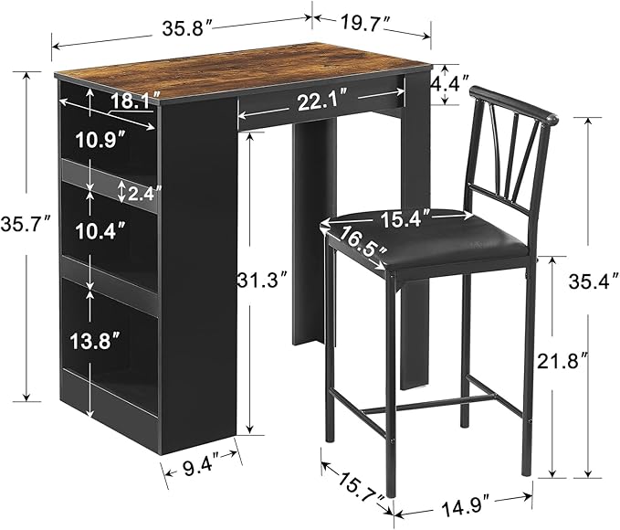 VECELO Small Bar Table and Chairs Tall Kitchen Breakfast Nook with Stools/Dining Set for 2, Storage Shelves, Space-Saving, Retro