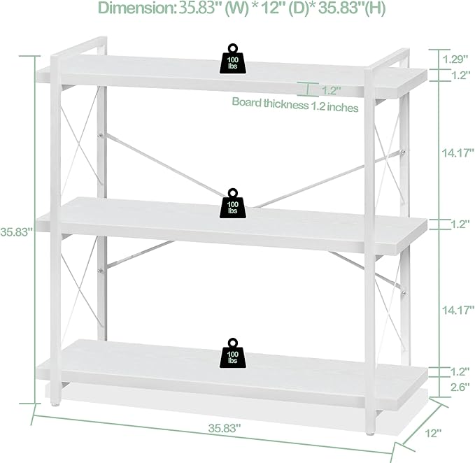 HCHQHS Bookshelf, 3-Tier Industrial Bookcase, White Open Book Shelf, Freestanding Horizontal Bookshelves with Metal Frame