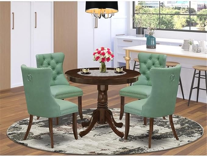 East West Furniture ANDA5-AWA-22 5 Piece Kitchen Table Set Includes a Round Dining Table with Pedestal and 4 Polyester Fabric Upholstered Parson Chairs, 36x36 Inch, Antique Walnut