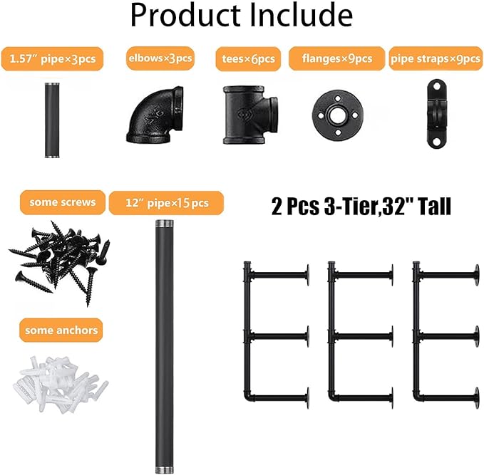 Industrial Pipe Shelf Brackets Wall Mount,Open Black Pipe Shelving for Kitchen,Floating Shelf Brackets Mount,Open Bookshelf Brackets for Shelves,Wall Shelves 12 Inch Deep,(3PcsX3Tier,32" Tall)