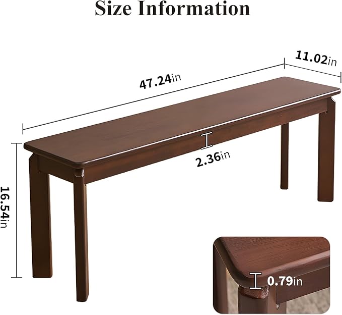 Dining Bench, Solid Wood Bench with Wide Seat, Mid Century Modern Bench, End of The Bed Bench, 47.2" L x 11" W x 16.5" H(Walnut)
