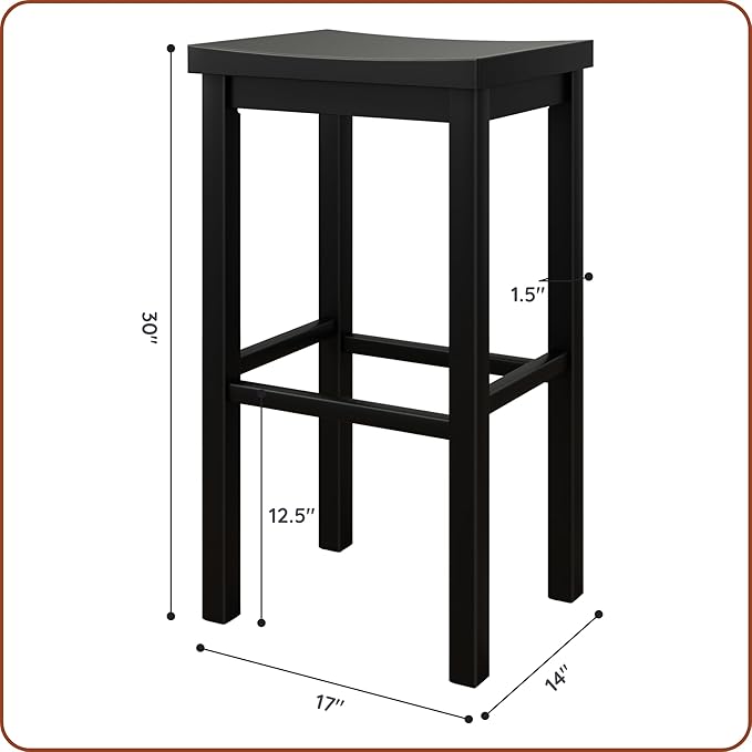 Grain & Grove Smith Collection Set of 4 Solid Wood Bar Stools, 30 inch Saddle-Seat Bar Chairs, Backless, Heavy-Duty Construction, Footrest Support, for Kitchen Islands, Home Bars, and Counters, Black