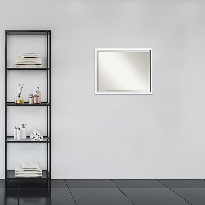 Amanti Art White Bathroom Mirror for Over Sink, 24x30 Morgan White Blue Rectangle Vanity Mirror, Large Modern Contemporary Wood Frame, Hangs Horizonally and Vertically, Bathroom Wall Decor, Beveled
