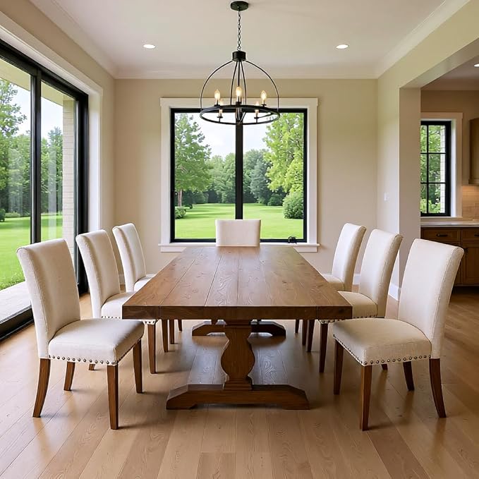 Set of 2 Beige Upholstered Dining Chairs – Farmhouse Kitchen Chairs with High Back, Solid Rubberwood Legs, Padded Foam Seat & Bronze Nailhead Trim, Comfortable Dining Room Chairs for Home, Living Room