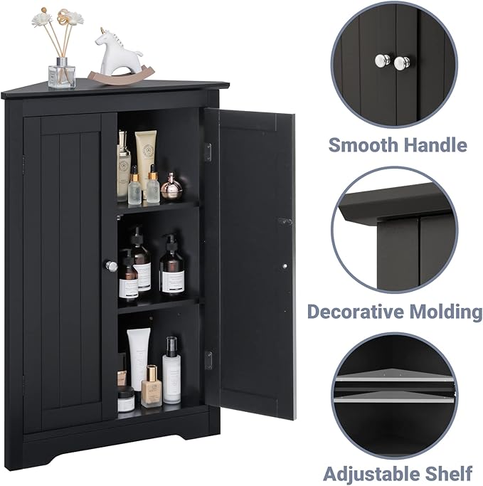 Iwell Corner Cabinet, Corner Bathroom Cabinet with 2 Doors & Adjustable Shelves, for Bathroom, Living Room, Kitchen, Black