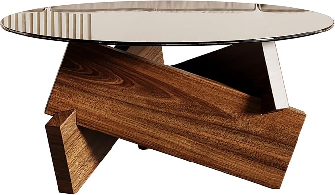 Honyee Morden Rounded Coffee Table, 30.7" x 30.7" x 16.1" Tempered Glass Top for Living Room, Color: Walnut