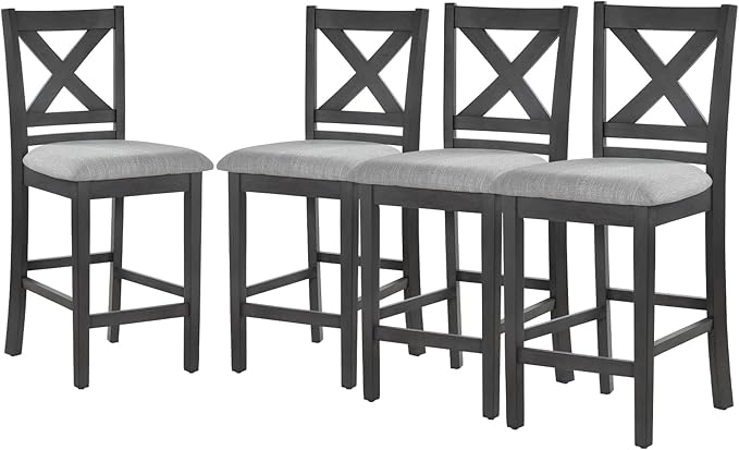 COLAMY Wooden Bar Stools Set of 4, Counter Height Bar Stools, Mid Century Modern Bar Stools with Backs, 25 Inch Upholstered Fabric Wooden Barstools for Kitchen Island Dining Room Bar, Dark Grey