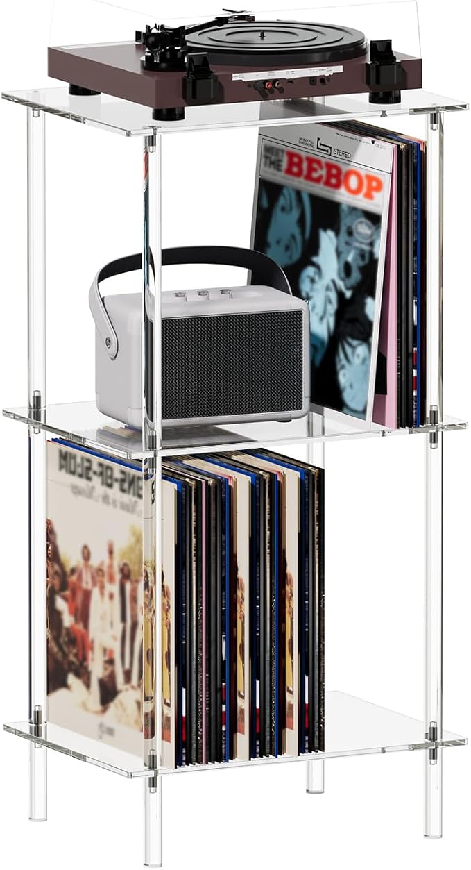 HMYHUM Acrylic Record Player Stand, Turntable Stand with Vinyl Record Storage, Tall Side Table/End Table for Living Room, Bedroom, 3-Tier, Modern, 15.7" L x 11.8" W x 30.8" H, Clear