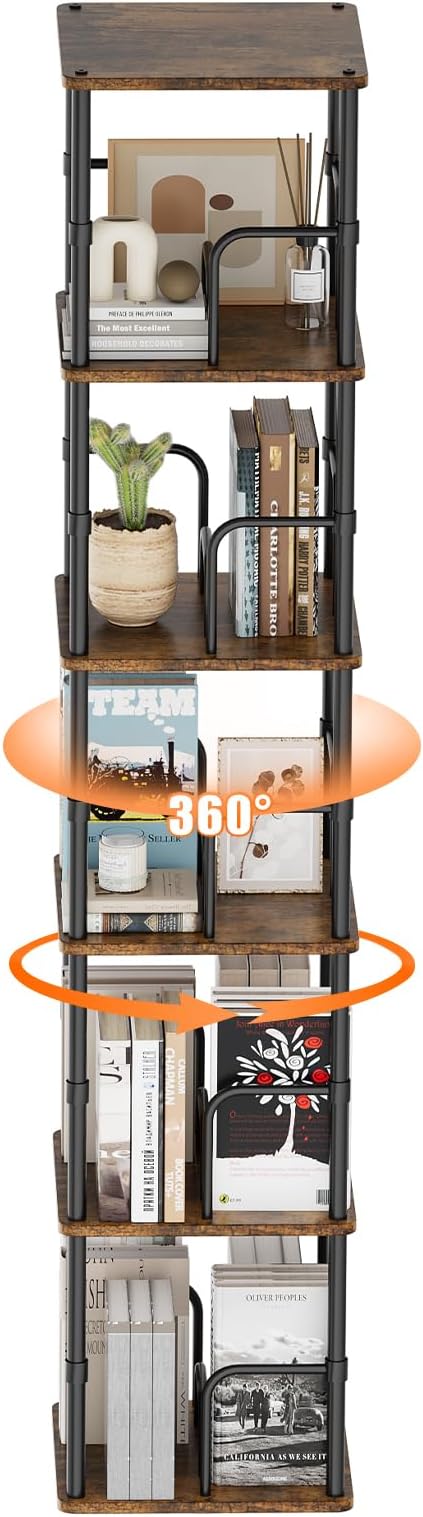 5 Tier Square Rotating Bookshelf, 360 ° Display Stackable Spinning Bookshelf Tower, Space Saving Tall Floor Standing Swivel Bookcase Corner Storage Organizer for Living Room, Rustic Brown, Small Size