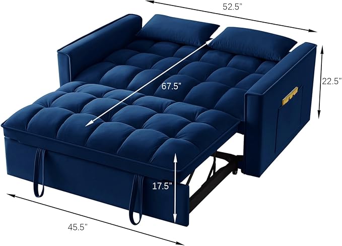 KEIKI Velvet Loveseat Convertible Sofa Bed Sleeper Chair with Adjustable Backrest, Pillows & Storage Pockets, 3 in 1 Pull-Out Couch Chaise Lounge Recliner for Living Room Balcony Bedroom, Navy