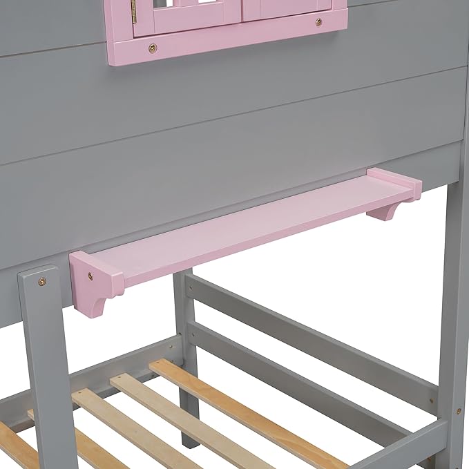 Ball & Cast Twin Over Twin Size Bunk Bed with 2 Drawers and 1 Storage Box,Playhouse Wood Bunkbed w/Window & 1 Shelf,Slat Support,Space Saving,Bedroom Furniture for Student Dorms,Gray