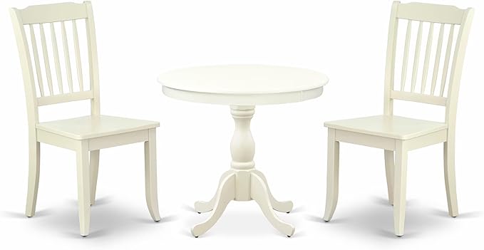 East West Furniture AMDA3-LWH-W 3 Piece Dinette Set for Small Spaces Contains a Round Kitchen Table with Pedestal and 2 Dining Chairs, 36x36 Inch, Linen White