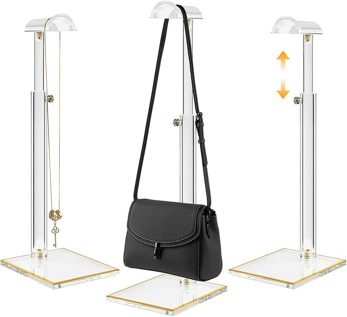 Acrylic Purse Stands for Display, 3 Pack 14" to 24"Adjustable Height Clear Purse Holder Stand, Counter Bags Hanging Organizer Handbag Rack for Closet Retail Vendor Commercial Store