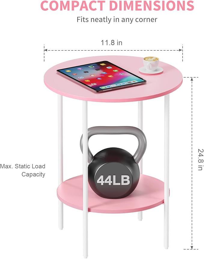 Side Table,Round End Table with 2 Storage Shelves| Compact Side Tables for Living Room, Couch, Office & Bedroom | Narrow Accent Table as Space-Saving Small Bedside Table 18x18x22in (Pink)