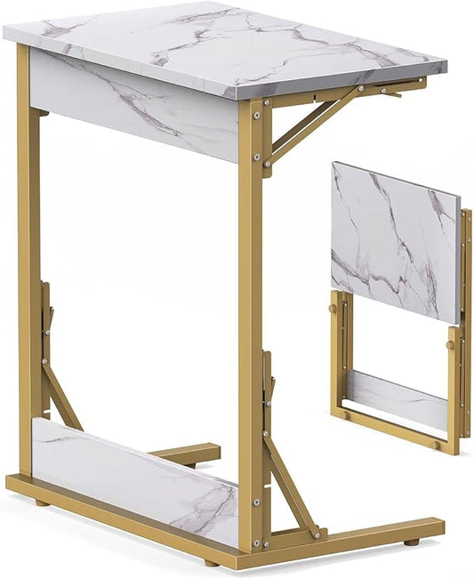 Tatub 24" Folding TV Tray Table, Marble C Shaped End Table for Couch, Small Sofa-Side Laptop Desk with Gold Metal Frame for Living Room, Bedroom, Bedside