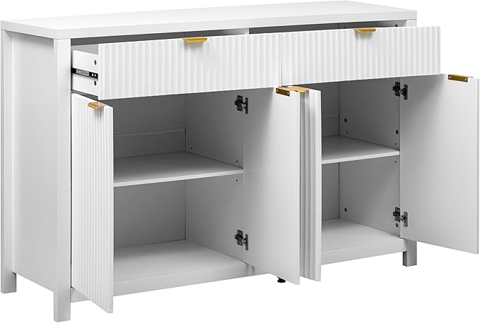 Merax Modern Wave-Pattern Sideboard Cabinet with 2 Drawers and 4 Doors,Buffet Cabinet,Aluminum Arc Handles,Scandinavian Style,Suitable for Entryway, Living Room,Foyer,White