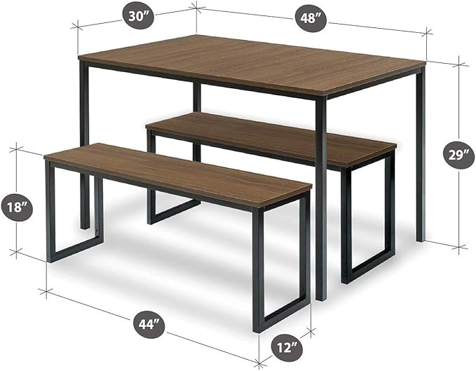 ZINUS 48 Inch Louis Metal Frame Table with Benches 3 Piece Dining Set, Easy Assembly, Brown