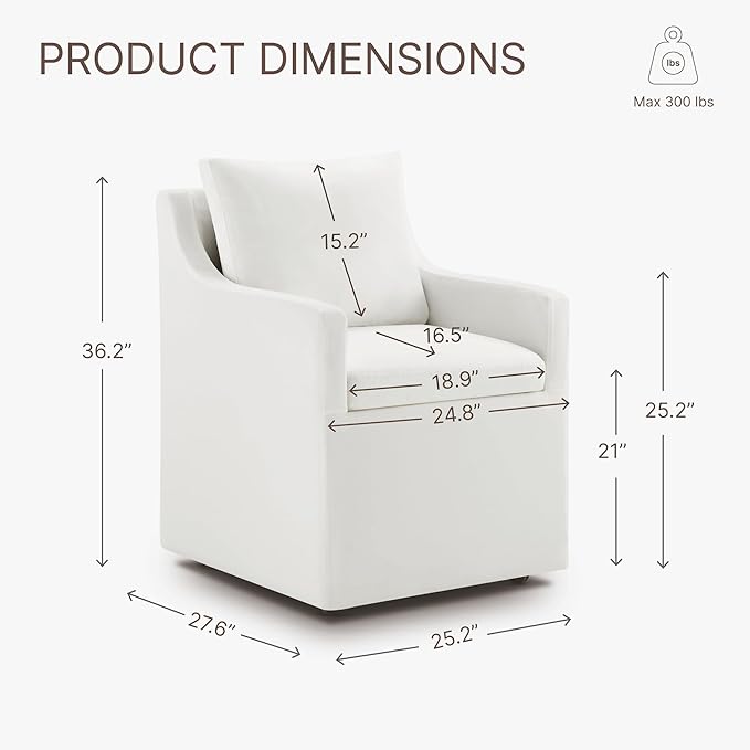 Upholstered Dining Chairs with Casters Washable Cover Side Deskchair with Rollers for Diningroom, Living Room, Cream, 4 Box