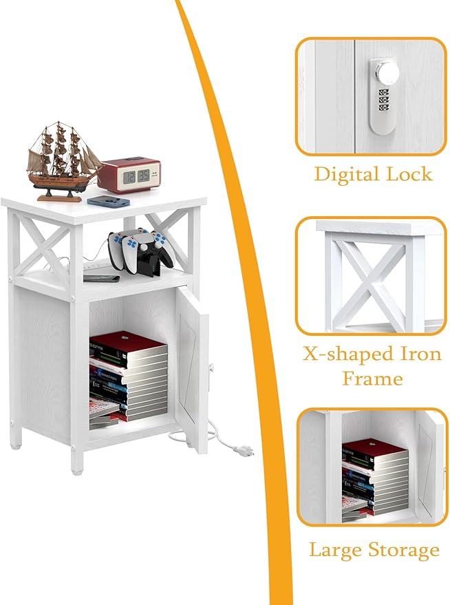 Wooden Nightstand with Lock, Bed Side Table with Drawers, Bedside Table with Charging Station, 3 USB & 2 Outlets, Night Stand with Storage, End Tables for Living Room, Bedroom, Dorm, White