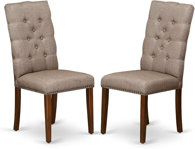 East West Furniture OXEL3-MAH-16 3 Piece Dining Set Contains a Square Dining Room Table and 2 Dark Khaki Linen Fabric Upholstered Parson Chairs, 36x36 Inch, Mahogany