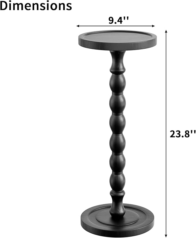 Rubber Wood‌ Small Side Table, Solid Wood‌ Round End Tables for Small Spaces, Martini Tables, Pedestal Drink Table for Living Room, Bedroom, Corners, and Office (Black, 9.4inch)