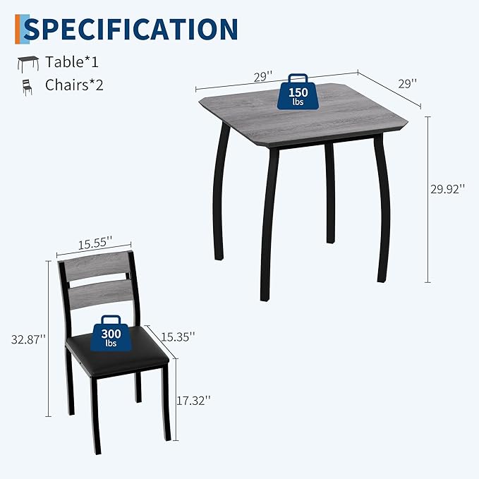 GAOMON Dining Table Set for 2, 3 Piece Small Kitchen Table and 2 Upholstered Chairs with Metal Frame & Wood Grain Tabletop for Small Space, Apartment, Kitchen, Dining Room, Black/Grey