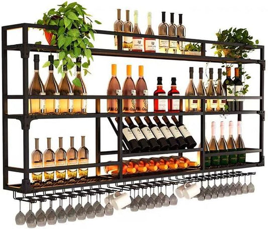 Metal Wall-Mounted Wine Rack with LED Light - 3 Tier Wine Storage Display Rack with Glass Holder - Space-Saving Bottle Display Shelf for Home Bars, Dining Rooms(Black, 39in/100cm)