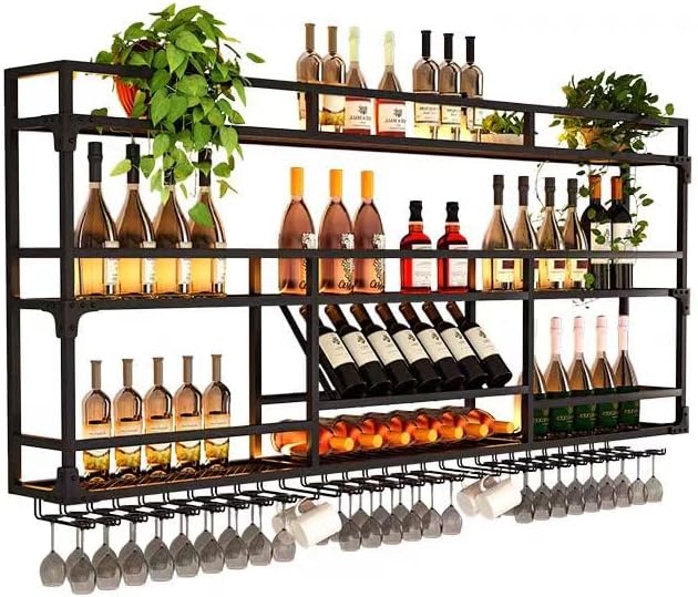 Metal Wall-Mounted Wine Rack with LED Light - 3 Tier Wine Storage Display Rack with Glass Holder - Space-Saving Bottle Display Shelf for Home Bars, Dining Rooms(Black, 59in/150cm)