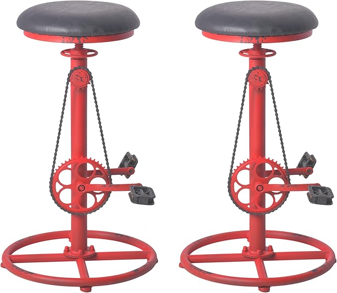 Topower Vintage DIY Bar Stool Bicycle Chain Iron Pedal Retro Industrial Height Adjustable Bicycle Wheel Design bar Chair Set of 2 Antique Red