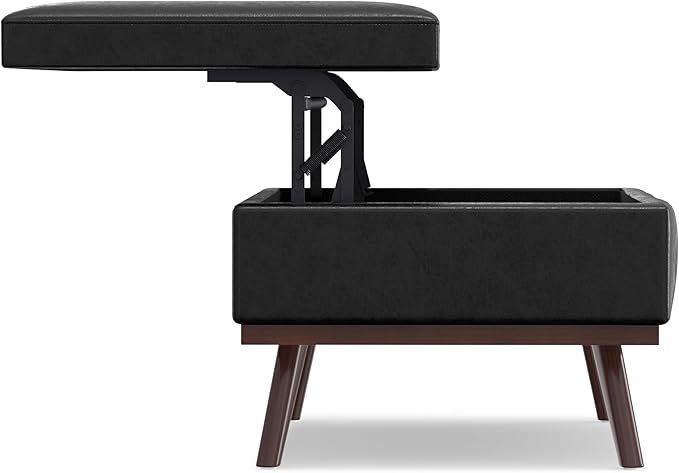 SIMPLIHOME Owen 42 inch Wide Mid Century Modern Rectangle Lift Top Large Coffee Table Storage Ottoman in Distressed Black Vegan Faux Leather, Assembled, for the Living Room, Entryway and Family Room