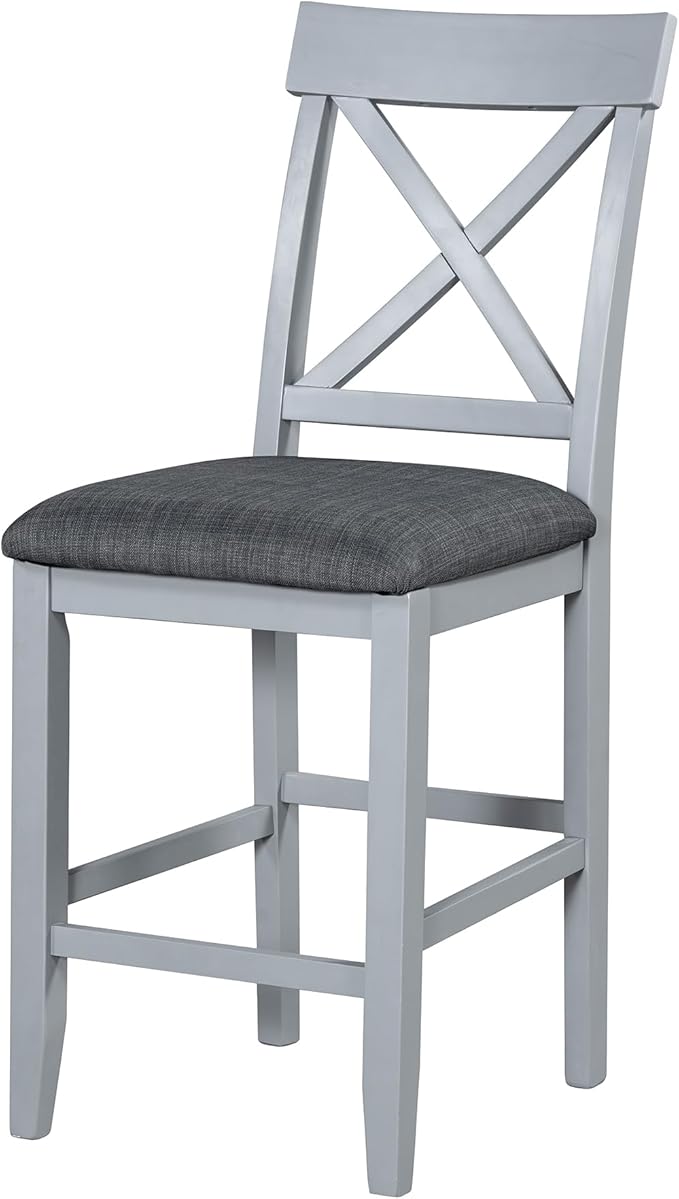 Merax 5 Piece Solid Wood Farmhouse Counter Height Dining Table Set with 3-Tier Storage Shelves,and 4 Upholstered Dining Chairs,Gray