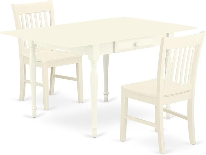 East West Furniture MZNO3-LWH-W 3 Piece Kitchen Table Set for Small Spaces Contains a Rectangle Dining Room Table with Dropleaf and 2 Solid Wood Seat Chairs, 36x54 Inch, Linen White