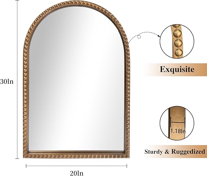 ironsmithn Gold Arched Mirror, 20"x30" Beaded Frame Arch Mirrors, Marlowe Decorative Accent Mirrors for Bathroom Fireplace Bedroom Living Room, Entryway, Antique Gold