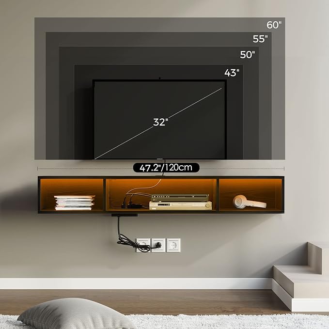 Rolanstar TV Stand with Power Outlet, Floating TV Stand with RGB Lights, 47.2" Wall Mounted TV Shelf, Black Media Console with Storage Shelf, Entertainment Under TV for Living Room, Bedroom