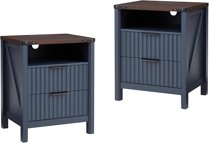 Navy Blue Nightstand with Charging Station Set of 2-20 Inch Wide Farmhouse Fluted Bedside Table with 2 Drawers, Modern Wood End Side Table for Bedroom Study Storage Home