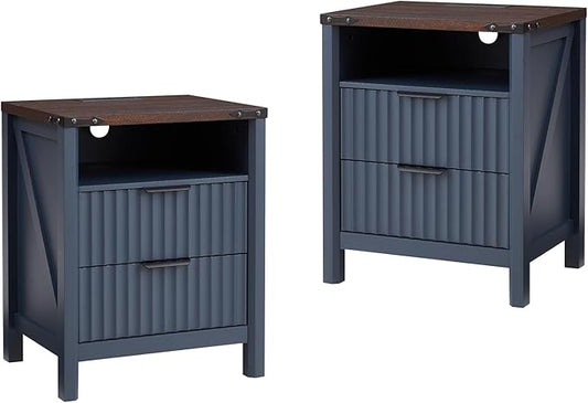 Navy Blue Nightstand with Charging Station Set of 2-20 Inch Wide Farmhouse Fluted Bedside Table with 2 Drawers, Modern Wood End Side Table for Bedroom Study Storage Home