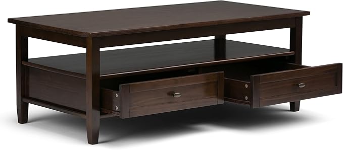 SIMPLIHOME Warm Shaker Coffee Table - 48 inch Wide Solid Wood Cocktail Table in Tobacco Brown, Transitional Living Room Table with 2 Storage Drawers and Open Shelf for Sitting Area or Lounge