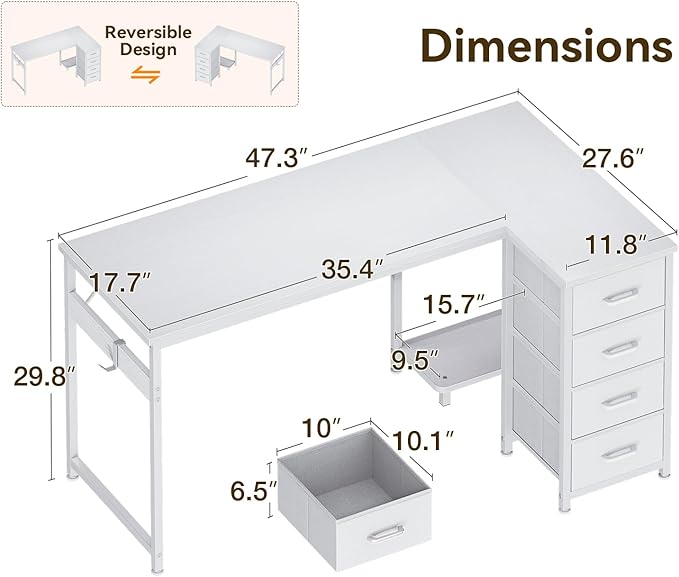 Casaottima L Shaped Desk with 4 Drawers, 47" White Computer Desk with Storage, Reversible Kids Study Table with CPU Stand & Hook, Corner Work Table for Home Office