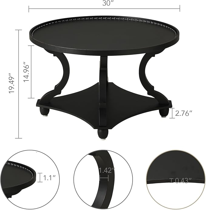 Wnutrees Farmhouse Round Coffee Table, Wood Tray Top Circle Coffee Table with Storage Shelf Rustic Style for Living Room and Vintage Finish, Black