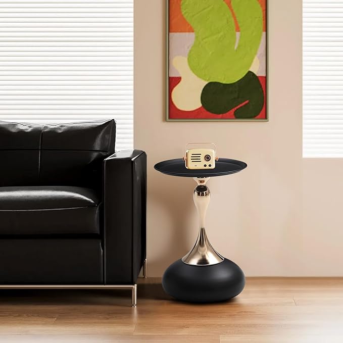 Small Black Round Side Table Pedestal for Small Spaces, Metal Unique End Table for Living Room, Modern Corner Accent Tables Drink Martini Tables