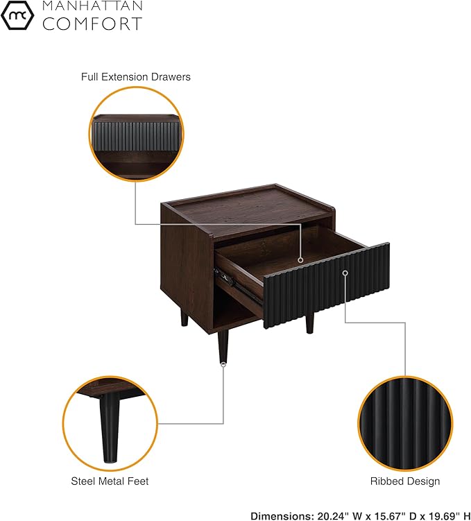 Manhattan Comfort Duane Modern Ribbed Nightstand, Bedside Table with Full Extension Drawer and Open Shelf, Industrial Chic Living Room and Bedroom Furniture, Black