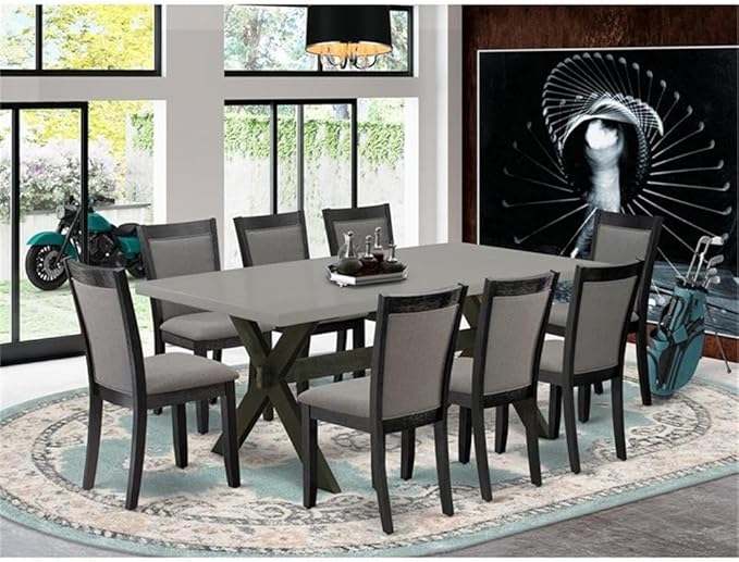 East West Furniture X697MZ650-9 9 Piece Dining Room Set Includes a Rectangle Dining Table with X-Legs and 8 Dark Gotham Grey Linen Fabric Upholstered Chairs, 40x72 Inch, Multi-Color