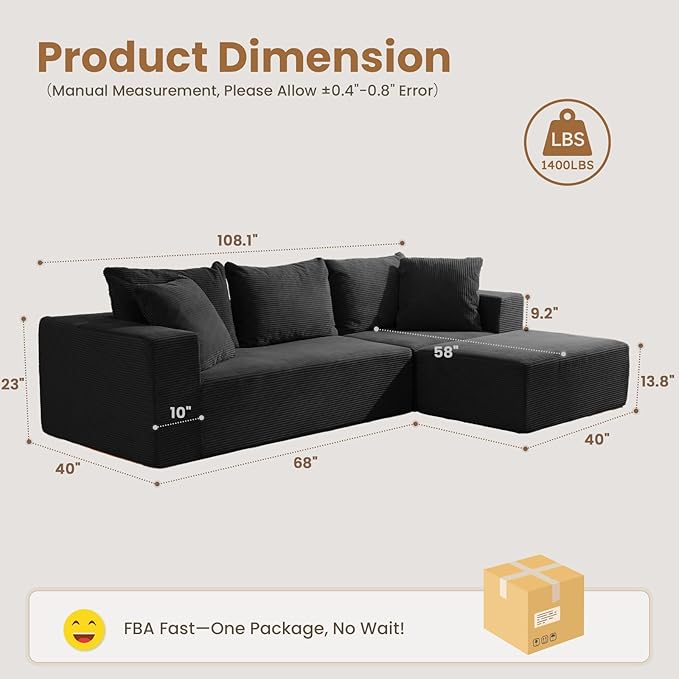 Modular Sectional Sofa, 108" L-Shaped Boneless Couch with Deep Seat, Corduroy Cloud Couch for Living Room, Bedroom, No Assembly Required, Ship in a Box, Black