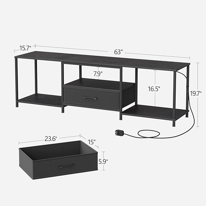 TV Stand with LED Lights, Entertainment Center with Open Shelves and Fabric Drawer, Media Console for 75 Inch TV, Television Stands for Living Room, Bedroom, Black