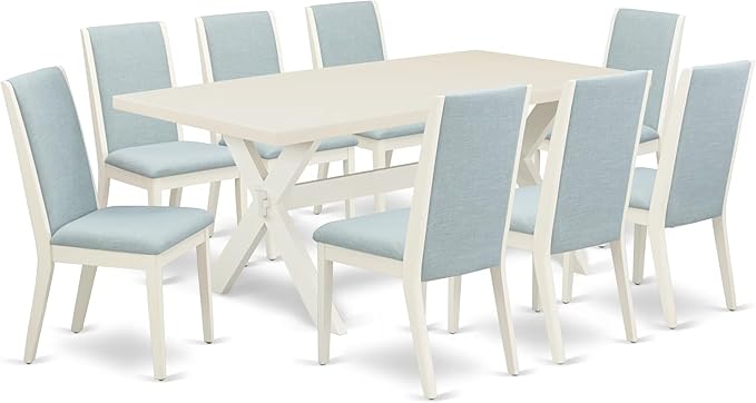 East West Furniture X027LA015-9 9 Piece Dining Set Includes a Rectangle Dining Room Table with X-Legs and 8 Baby Blue Linen Fabric Upholstered Parson Chairs, 40x72 Inch, Multi-Color