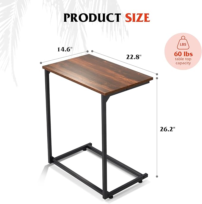 WLIVE C-Shaped End Table, Small Side Tables for Sofa, Wide Couch Table That Slide Under, Laptop Snack Table for Living Room, Bedroom, Home Office, Retro Brown